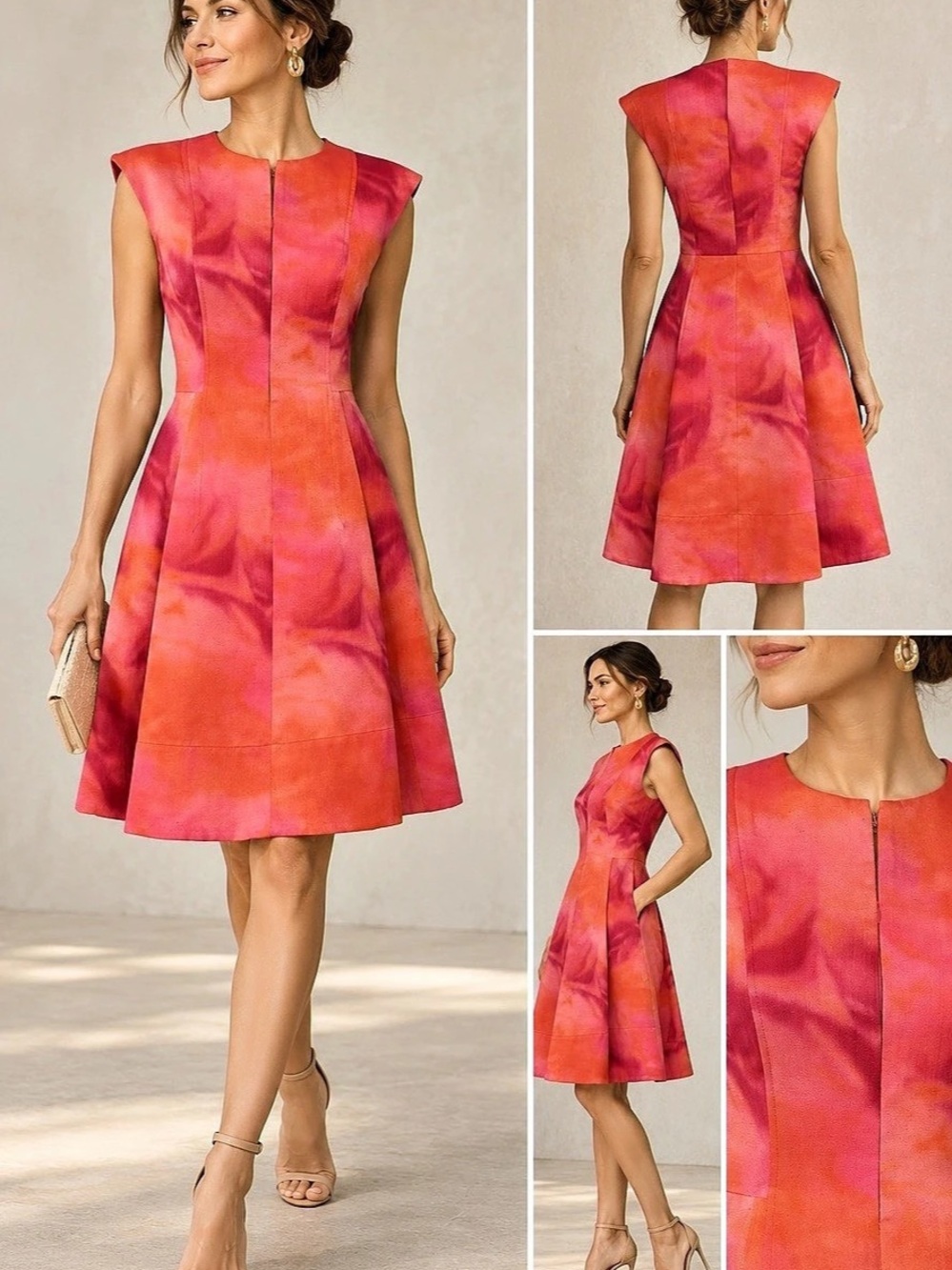 Akris Punto Abstract Watercolor Fit & Flare Dress Pink Orange US 6 Like New